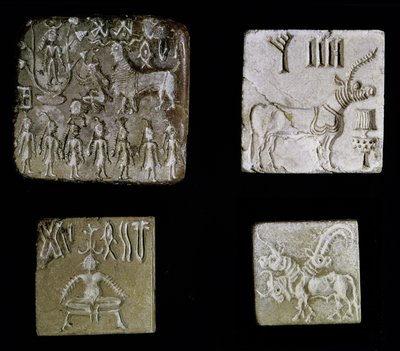 Quatro selos representando animais mitológicos, de Mohenjo-Daro, Vale do Indo, Paquistão, 3000-1500 aC de Harappan